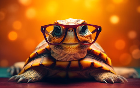 Tortoise with glasses on the background of a bokeh, Generative AIの素材