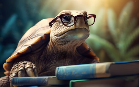Tortoise with glasses and books on the background, Generative AIの素材