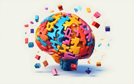 3d rendering of colorful puzzle in shape of human brain on white background, Generative AIの素材