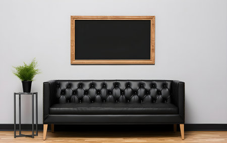 Black leather sofa in modern interior with blackboard on wall. 3d render, Generative AIの素材
