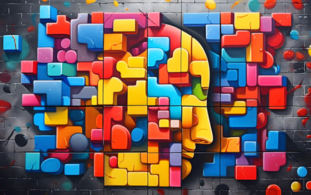 Human head made of colorful plastic blocks. 3d illustration. Generative AIの素材