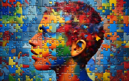 Portrait of a girl from a puzzle. Multicolored background. Generative AIの素材