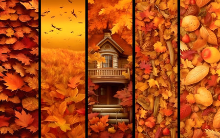 Collage of autumn leaves and house. Generative AIの素材