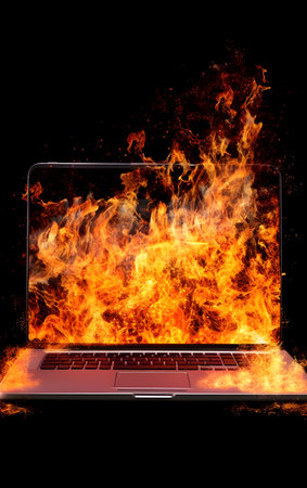 Laptop burning in fire on black background, computer security concept, Generative AIの素材