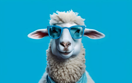 Portrait of funny sheep wearing blue eyeglasses on blue background, Generative AIの素材