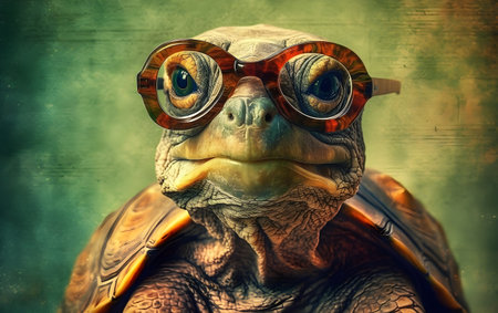 Portrait of a turtle with glasses on a grunge background. Generative AIの素材