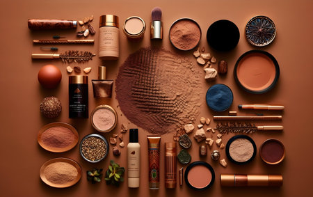 collection of make up and cosmetic beauty products on brown background, Generative AIの素材