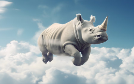 White rhinoceros flying in the blue sky. 3d rendering, Generative AIの素材