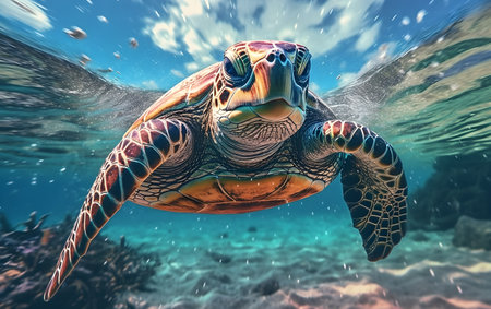 Hawaiian Green Sea Turtle swimming in the ocean. 3D illustration, Generative AIの素材