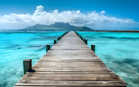 Wooden jetty leading to turquoise lagoon on tropical island, Generative AIの素材