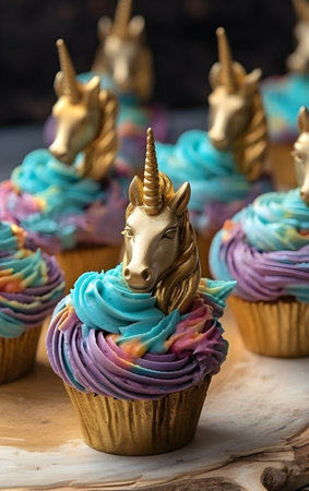 Unicorn cupcakes decorated with purple and blue buttercream icing, Generative AIの素材