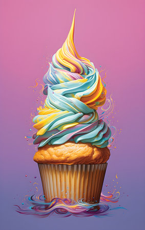 Cupcake with rainbow cream on gradient background. 3d illustration, Generative AIの素材