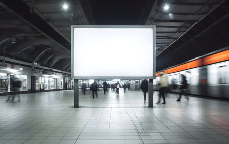 Blank billboard in subway station at night. Blurred image. Generative AIの素材