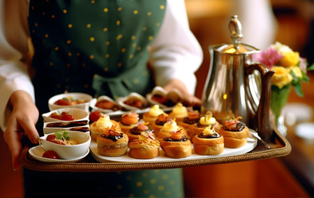 Catering service. Assortment of mini canapes on tray in female hands, Generative AIの素材
