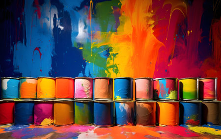 Paint cans with colorful paint on the wall. Abstract background. Generative AIの素材