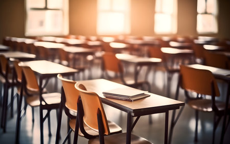 Classroom interior with rows of chairs and table, shallow depth of field, Generative AIの素材