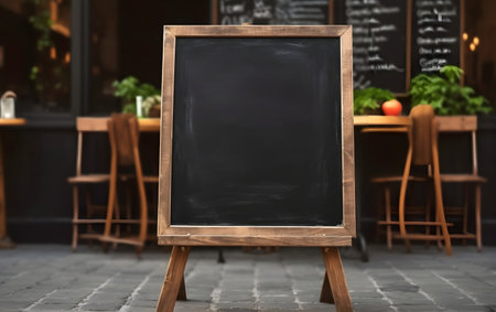 Chalkboard on a wooden stand in a cafe. 3d illustration, Generative AIの素材