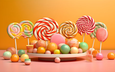 Colorful candies and lollipops on table. 3d illustration, Generative AIの素材