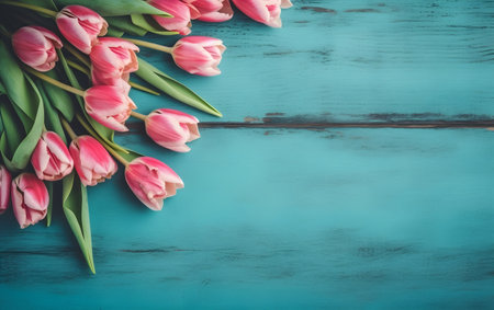 Bouquet of pink tulips on a blue wooden background. Generative AIの素材