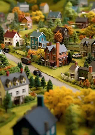 Miniature of a city with houses and trees on the ground. Generative AIの素材
