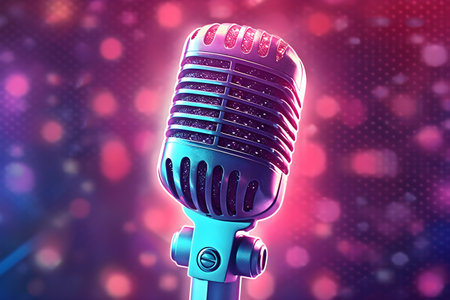 Retro microphone on colorful bokeh background. 3d illustration, Generative AIの素材