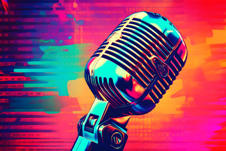 Retro microphone on multicolored background. 3D illustration. Generative AIの素材