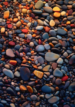 Colorful pebble stones on the seashore background. Generative AIの素材
