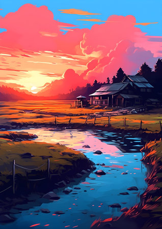 Beautiful sunset over the river. Landscape with a cottage and a wooden house. Generative AIの素材