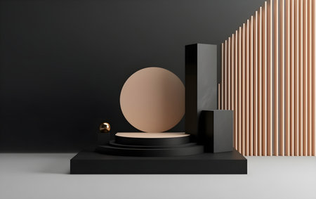 Minimalist abstract background, black podium with geometric shapes, 3d illustration, Generative AIの素材