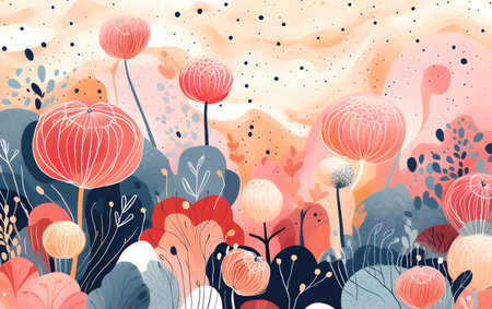 Abstract floral background with red poppies and leaves. Scandinavian style illustration. Generative AIの素材