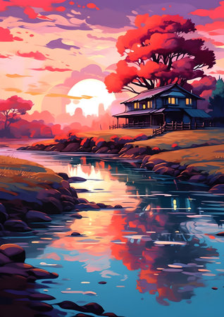Beautiful landscape with a house in the middle of the river at sunset, Generative AIの素材