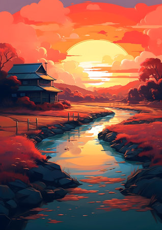 Beautiful sunset and japanese house on the lake. Generative AIの素材