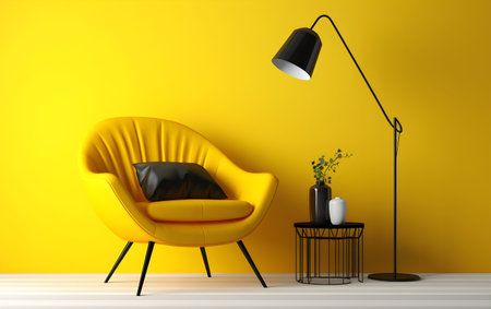 Yellow living room with yellow armchair and floor lamp. 3d illustration, Generative AIの素材