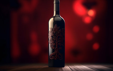 Wine bottle on a wooden table with red bokeh background, Generative AIの素材