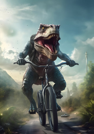 Tyrannosaurus Rex rides a bicycle in the foggy forest, Generative AIの素材