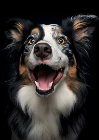 Portrait of australian shepherd dog on a black background, Generative AIの素材