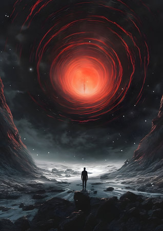 A man looking out onto a black hole, Generative AIの素材