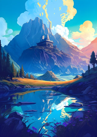 Fantasy landscape with lake and mountains. Generative AIの素材