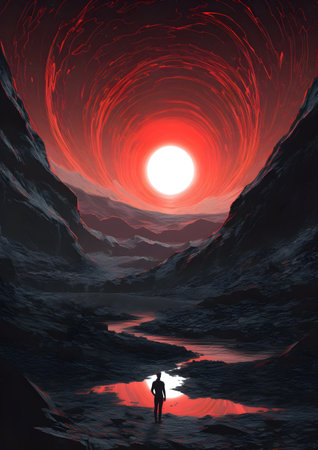 A man looking out onto a black hole, Generative AIの素材