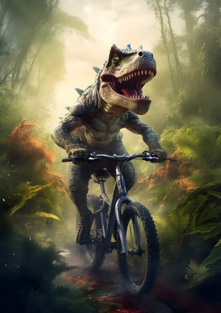 Dinosaur rides a bicycle in the forest. 3D illustration, Generative AIの素材