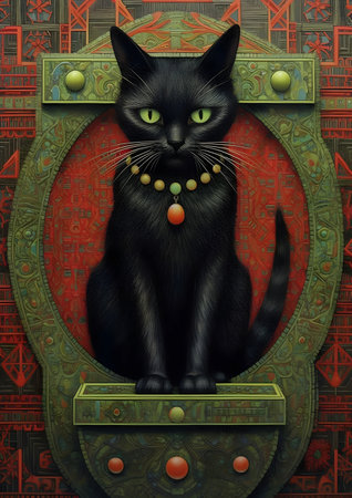 Black cat sitting in a frame on a background of the ancient ornament, Generative AIの素材