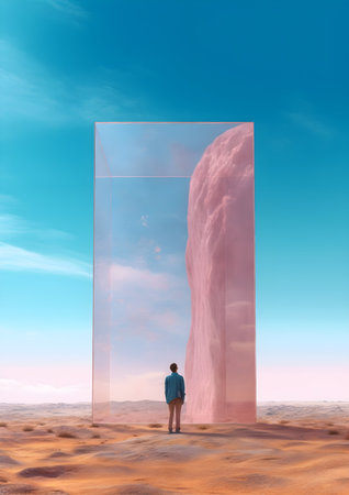 Woman looking at a door in the desert. 3D rendering, Generative AIの素材
