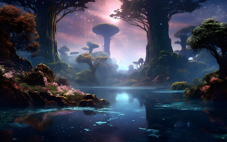 Beautiful fantasy landscape with trees and pond. 3D illustration, Generative AIの素材