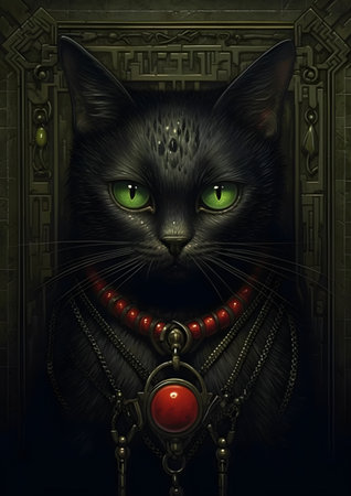 Illustration of a black cat with a necklace on a dark background, Generative AIの素材