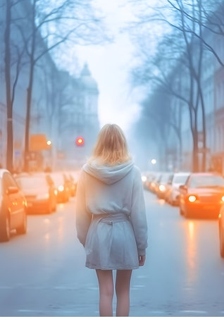 Beautiful young woman walking on the street in the foggy morning, Generative AIの素材