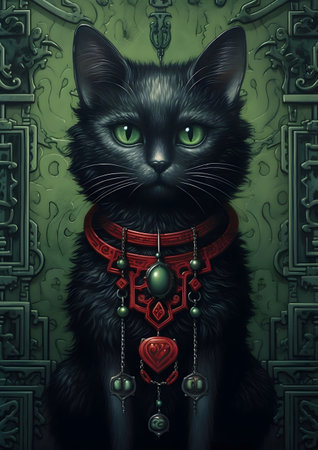 Black cat with a necklace and earrings on a green background. Generative AIの素材