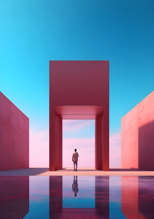 Businessman standing in front of a door in an empty room with a bright blue sky, Generative AIの素材