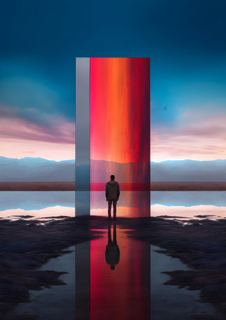 Ð¤ man stands in front of the entrance to the glass portalÐ± Generative AIの素材