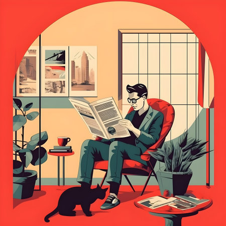 Businessman reading newspaper at home. Retro Style, Generative AIの素材