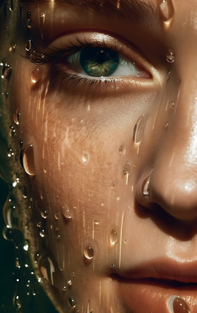 Close up portrait of young beautiful woman with wet face and green eyes, Generative AIの素材